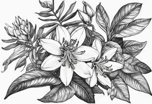 flowers endemic to the Philippines such as Ylang Ylang, Jade vine, Anahaw leaf. The flowers and leaves are crawling on arms. Include batik texture and peranakan tile tattoo idea