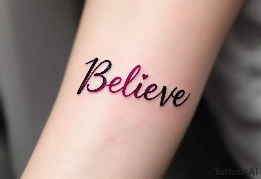 "Believe" in pink with a heartbeat line running through it, representing passion and belief in vitality and life. tattoo idea