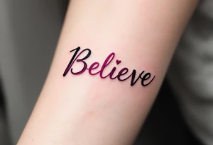 "Believe" in pink with a heartbeat line running through it, representing passion and belief in vitality and life. tattoo idea