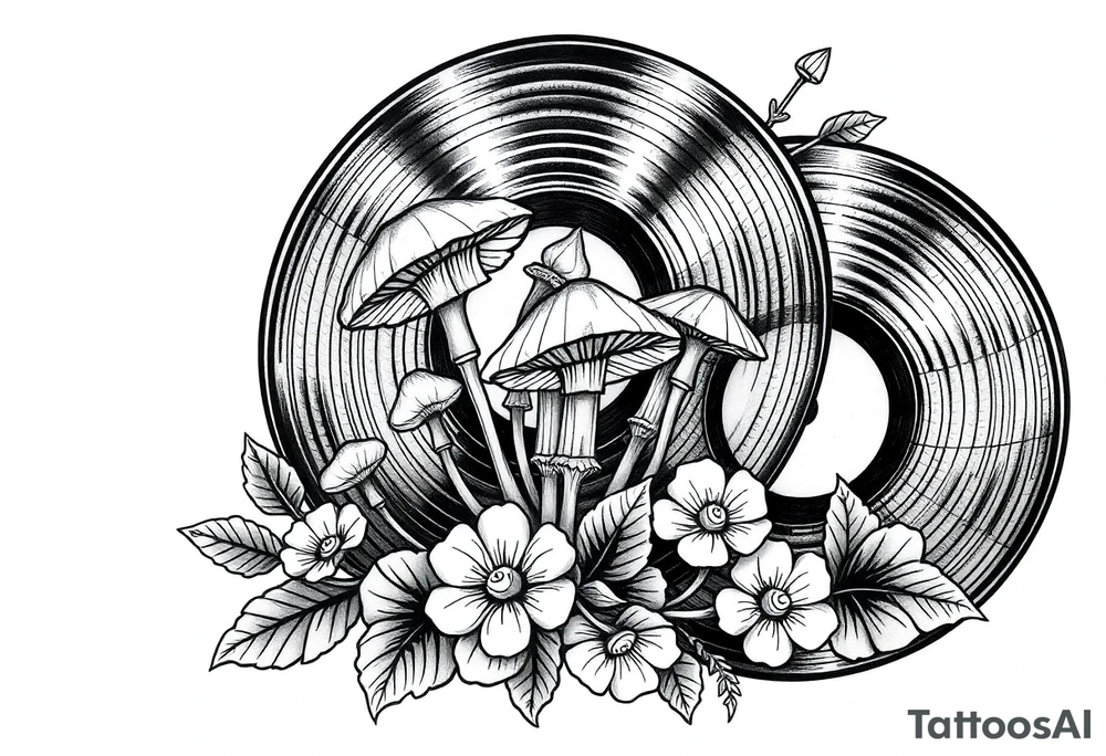 two vinyl records with mushrooms and flowers tattoo idea