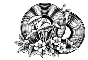 two vinyl records with mushrooms and flowers tattoo idea
