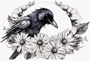 a raven with a white chrysanthemum headband tattoo idea