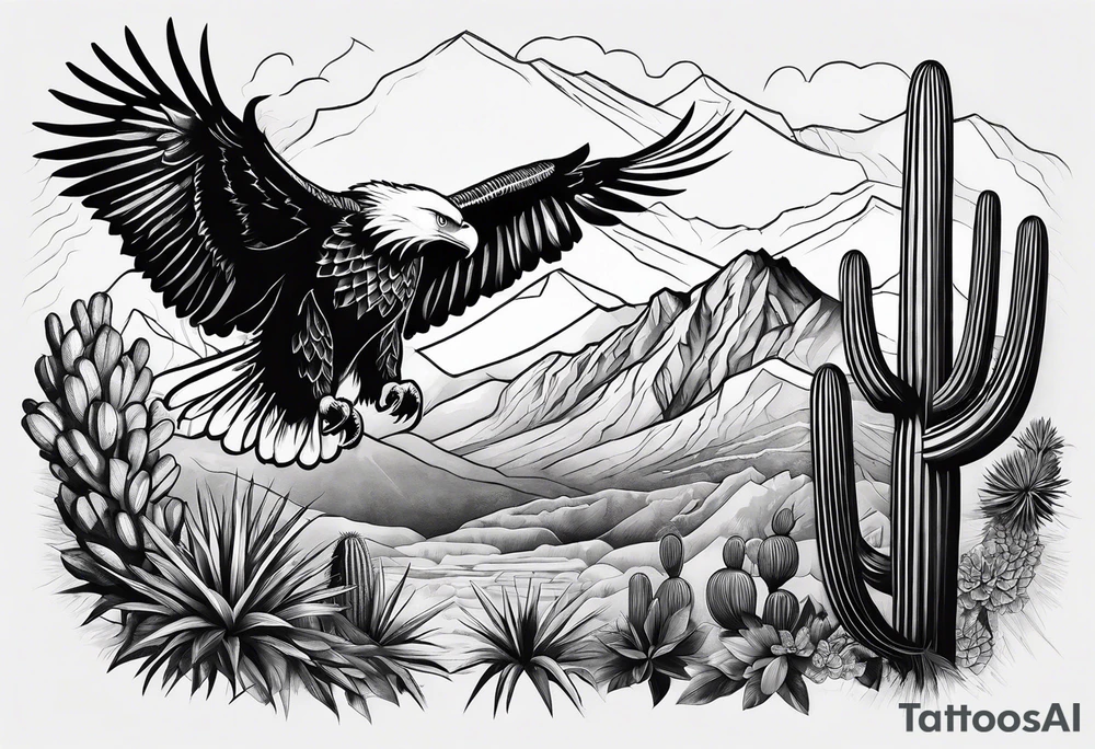 Mountains,  cactus, eagle, forearm tattoo idea