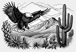 Mountains,  cactus, eagle, forearm tattoo idea