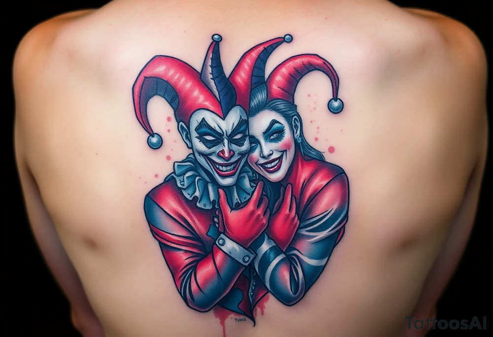 a toxic power jester couple holding each other with cheeks being pulled to force smile tattoo idea