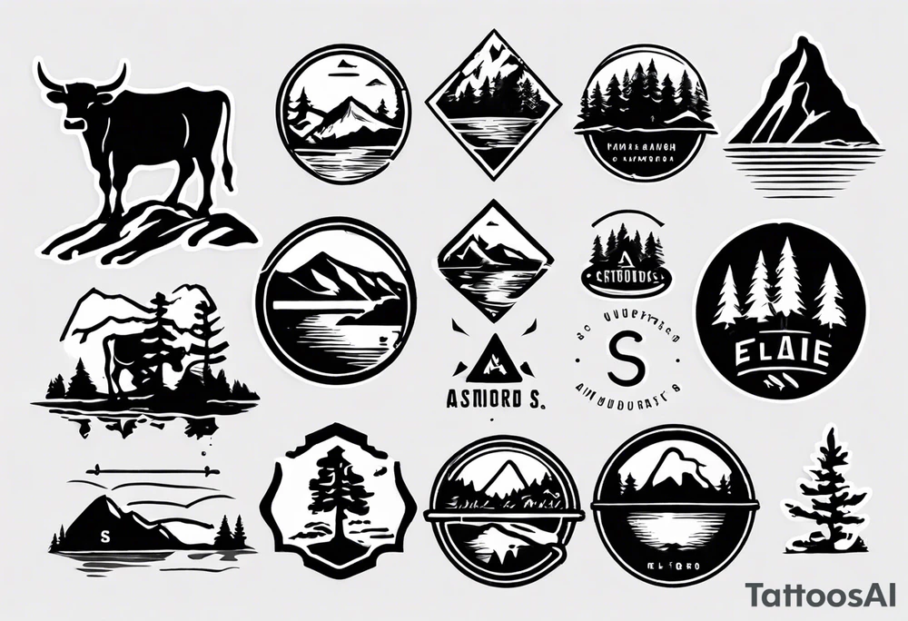A logo for an outdoors company that includes an "S" and an "M". Includes a mountain, a lake, some trees, and a cow tattoo idea