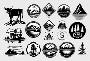 A logo for an outdoors company that includes an "S" and an "M". Includes a mountain, a lake, some trees, and a cow tattoo idea