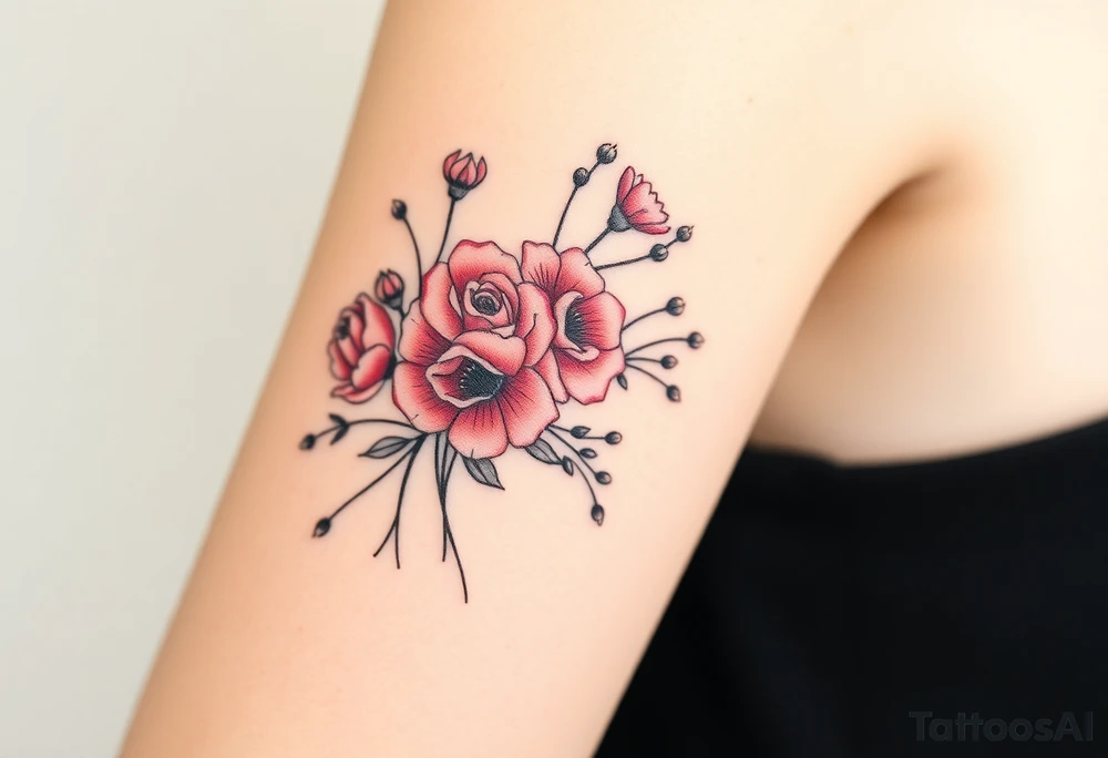 vintage bouquet of wild roses and meadow flowers with morning dew tattoo idea