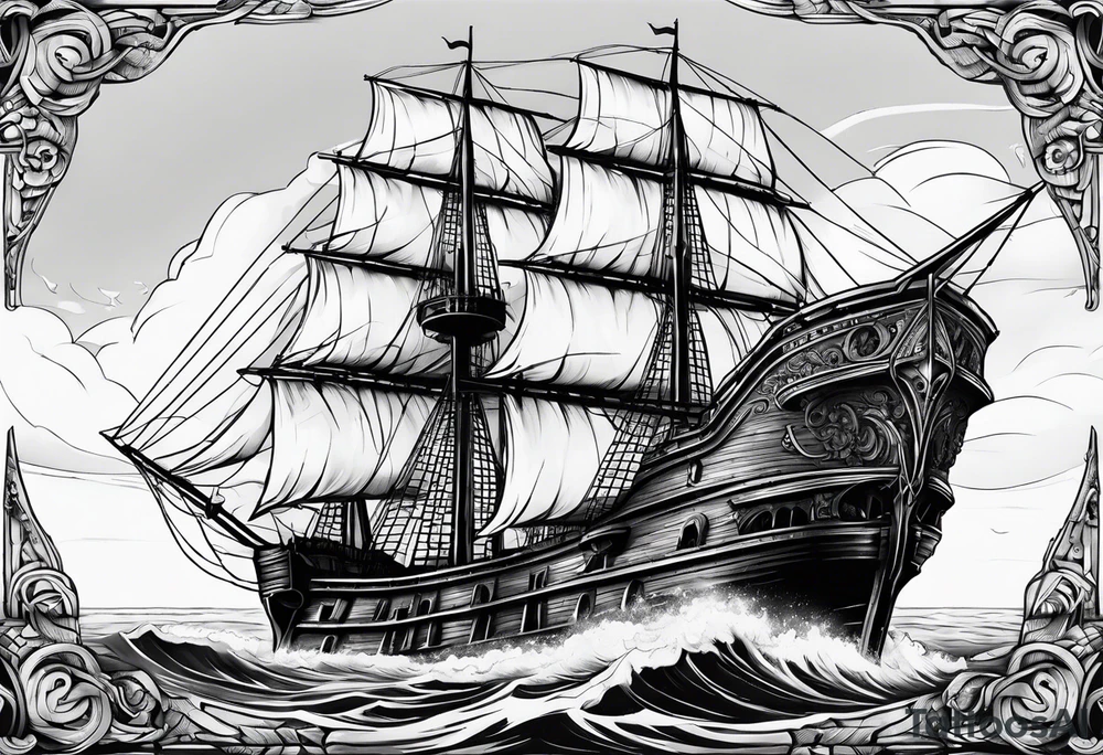 huge dark wooden ship facing left tattoo idea