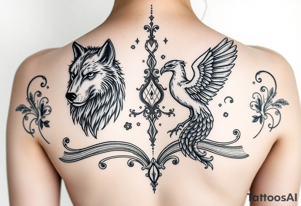 An open book with a werewolf, owl, dragon & phoenix tattoo idea An open book with a werewolf, owl, dragon & phoenix tattoo idea