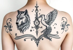 An open book with a werewolf, owl, dragon & phoenix tattoo idea
