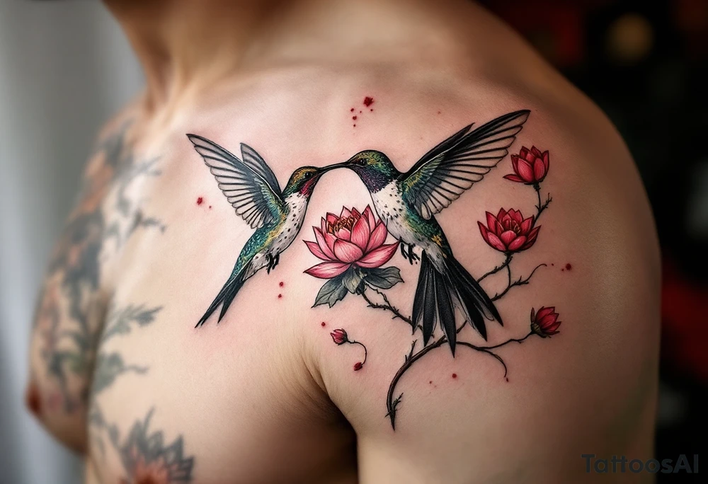 hummingbird drinking from lotus flower (Red and black colors only) tattoo idea