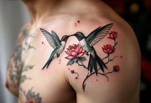 hummingbird drinking from lotus flower (Red and black colors only) tattoo idea