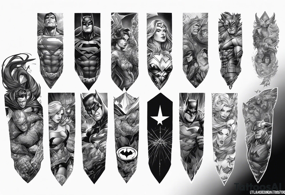 Full arm sleeve tattoo extending from shoulder to wrist featuring an assemble of only the emblems of DC comic heroes and villians tattoo idea