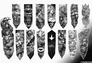 Full arm sleeve tattoo extending from shoulder to wrist featuring an assemble of only the emblems of DC comic heroes and villians tattoo idea