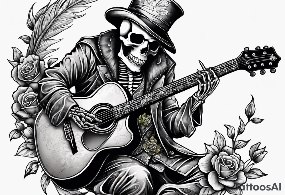 Skeleton playing guitar tattoo idea