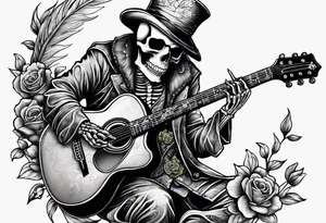 Skeleton playing guitar tattoo idea