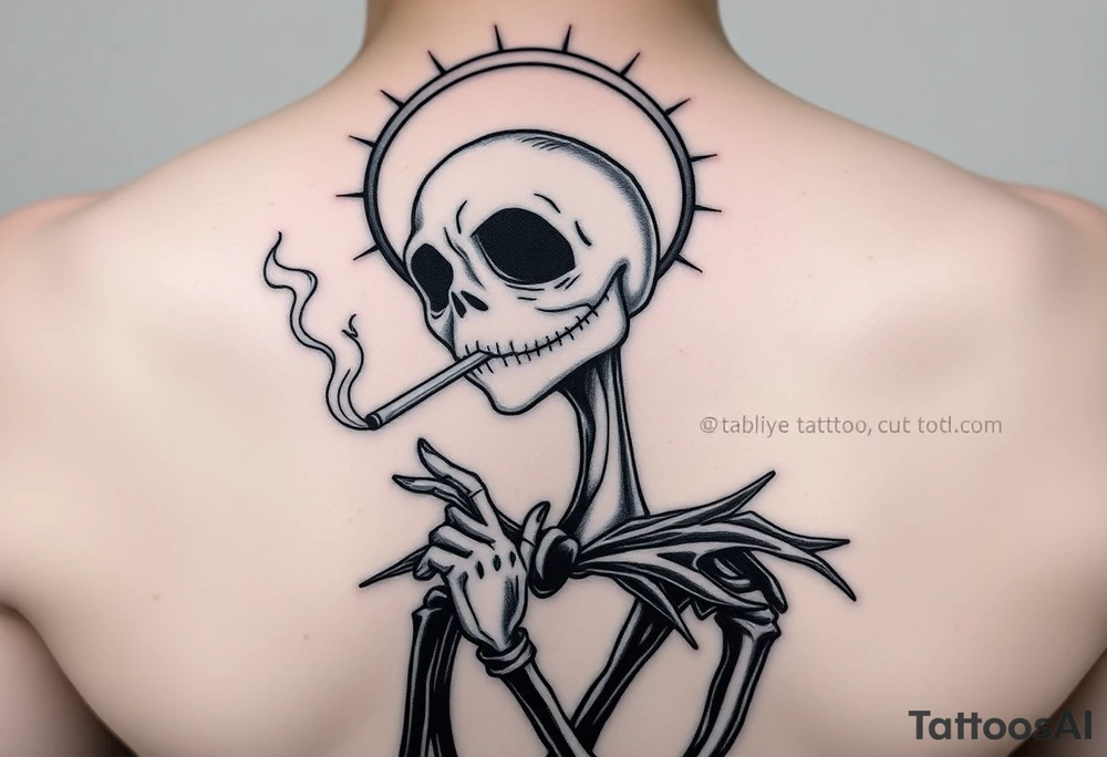 jack skellington smoking a blunt, with a halo over head, Christmas themed in heaven tattoo idea