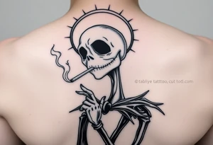 jack skellington smoking a blunt, with a halo over head, Christmas themed in heaven tattoo idea