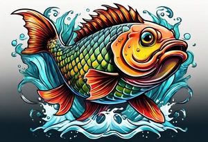 "A large aggressive looking fish riding on top of tank treads, with vibrant colors tattoo idea