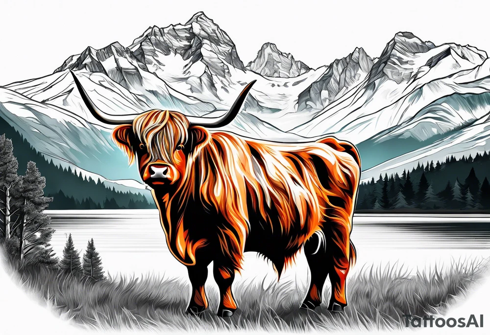 Highland cow with mountains in color tattoo idea