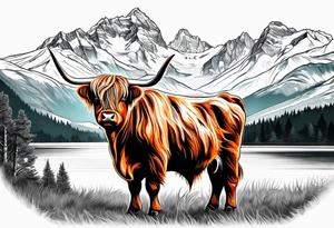 Highland cow with mountains in color tattoo idea
