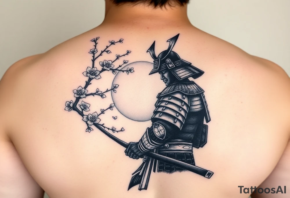 noble samurai warrior silhouette at sunset with cherry blossoms tattoo idea