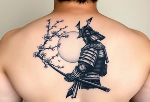 noble samurai warrior silhouette at sunset with cherry blossoms tattoo idea