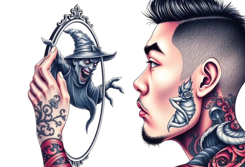 Handsome Asian young guy is looking in cursed mirror and see a witch tattoo idea