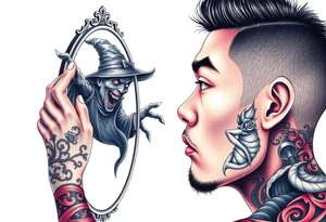 Handsome Asian young guy is looking in cursed mirror and see a witch tattoo idea