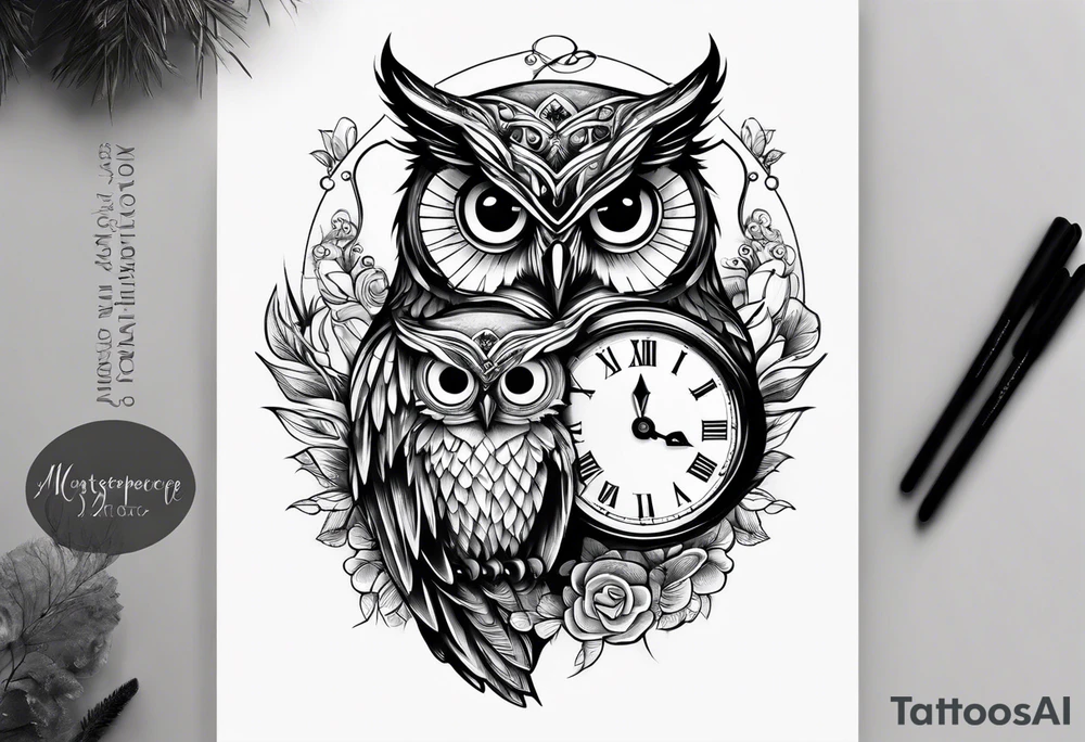 Mother and baby owl with clock tattoo idea