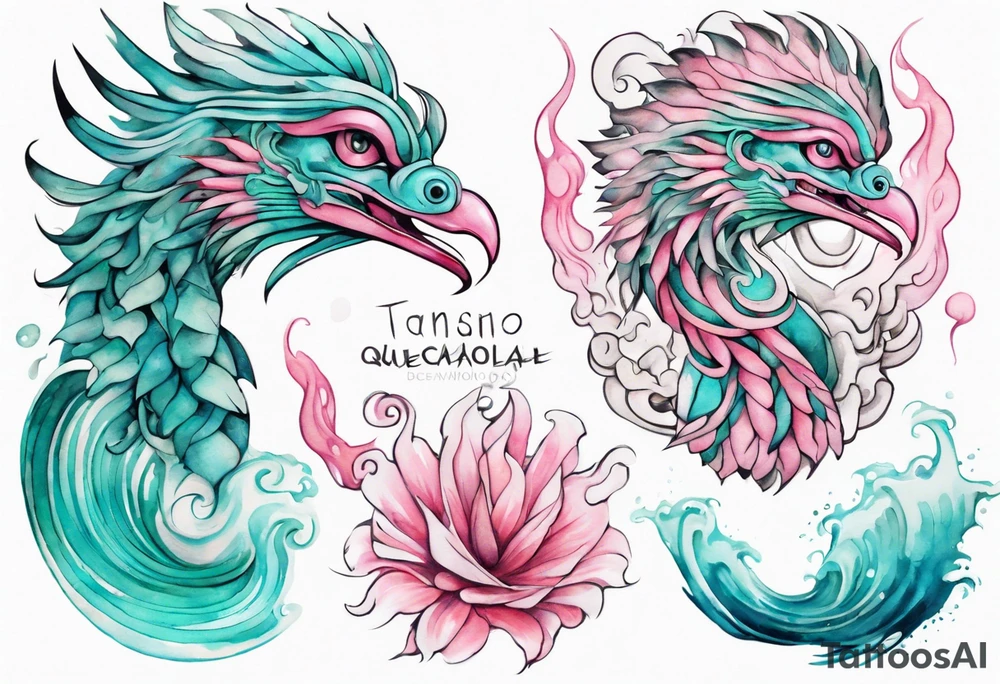 a beautiful turquoise pink and white sea Quetzalcoatl rising from the waves of the ocean with a feminine face tattoo idea