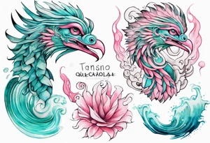 a beautiful turquoise pink and white sea Quetzalcoatl rising from the waves of the ocean with a feminine face tattoo idea