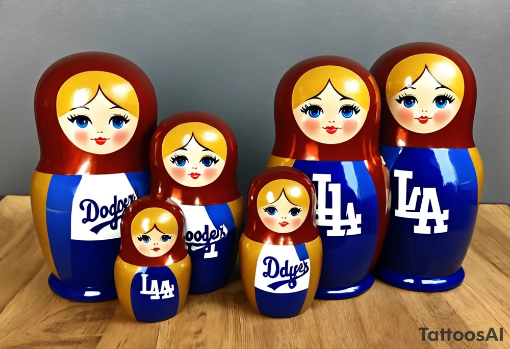 Matryoshka doll family of 4. Each doll is designed based on their individual description. Father (biggest doll) has full beard, blue eyes, short brown hair, loves LA Dodgers. Mother (second biggest doll) has blonde bob, blue eyes, thick rimmed black glasses, loves leopard print. Son is 4 years old, blue eyes, blonde spiky hair, loves Paw Patrol. Daughter is 2 years old, blue eyes, long eyelashes, short light brown bob, loves Bluey. tattoo idea