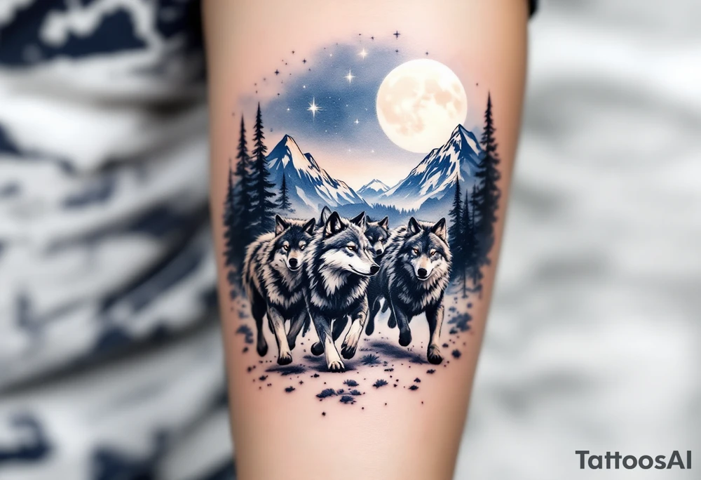 Running wolf pack beneath a starry night sky, with the moon high and glowing white, mountains in the distance, done in black and dark navy ink. tattoo idea