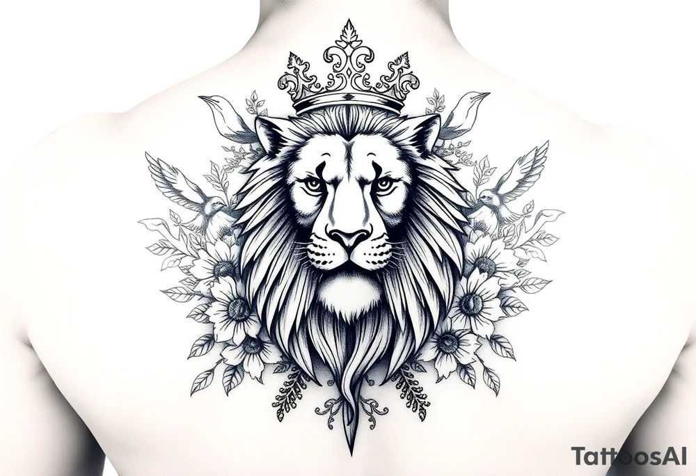 powerful majestic lion with a crown, surrounded by floral ornaments and birds tattoo idea