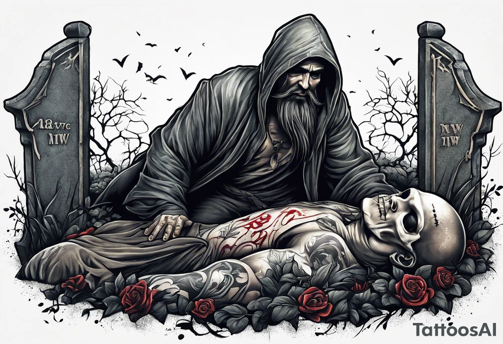 Man crawling out of grave. 
MIW Reincarnate written on gravestone tattoo idea