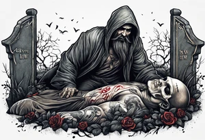 Man crawling out of grave. 
MIW Reincarnate written on gravestone tattoo idea