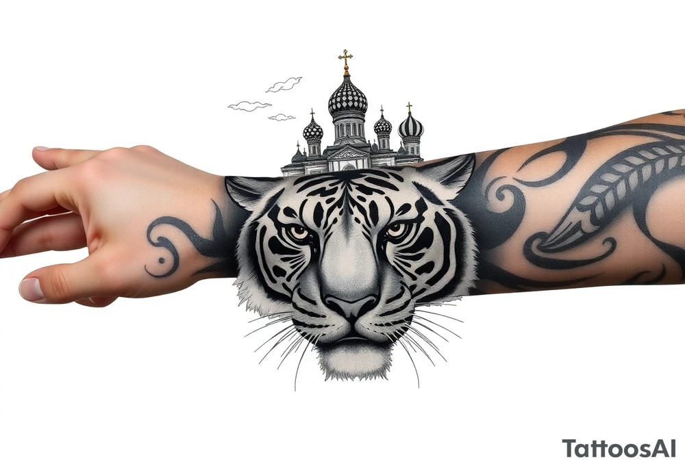 Realistic tiger face on the back of the hand with strong contrast and fine detail with hollow black eyes. with a highly detailed Russian Orthodox cathedral sitting above on fore arm with onion domes and orthodox crosses, done in fine line, engraving-like style. Cohesive composition, black ink only, no color, high contrast, slightly aged, documentary-style, plain light background. with clouds above and a virgin mary tattoo idea