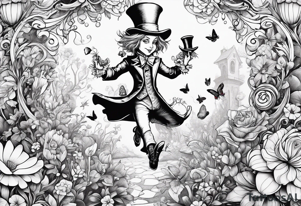 alice in wonderland with mad hatter dancing among magical flowers tim burton style tattoo idea