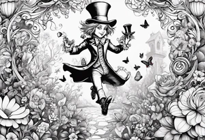 alice in wonderland with mad hatter dancing among magical flowers tim burton style tattoo idea