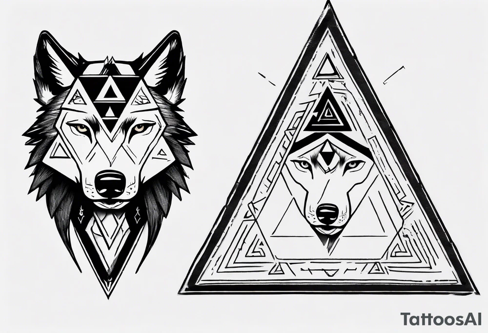 wolf head with triforce on forehead and a triangle in the background tattoo idea