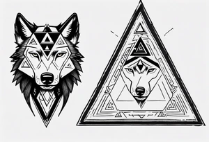 wolf head with triforce on forehead and a triangle in the background tattoo idea