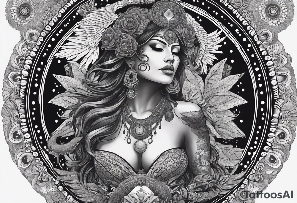 black kali, goddess pirate, alien, angel, pachamama, valkrye, warrior, flying, skull, lotus azul, wing, eagle, zenza resonance, stars, 5D, anahata chakra, death, durga, riding on a tiger, flying lady, kundalini, chest tatoo, samuri, rebel, serpent tattoo idea