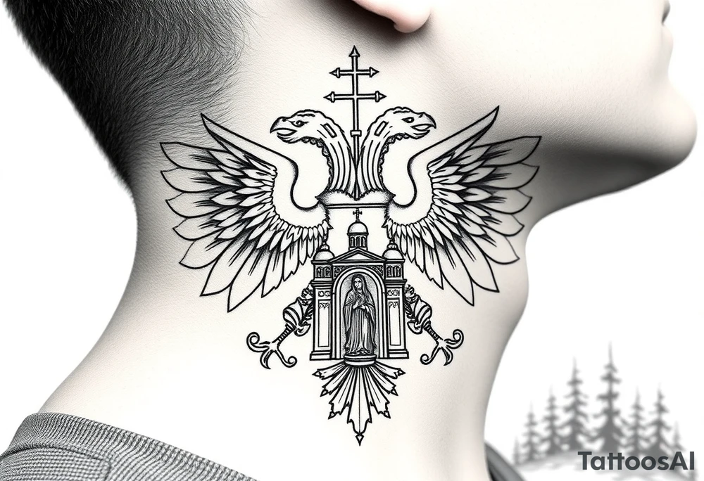 russian coat of arms double headed eagle traditional christian orthodox cross with a virgin mary stood in the entrance of a russian orthodox dome church on the side of the neck in a wilderness setting tattoo idea