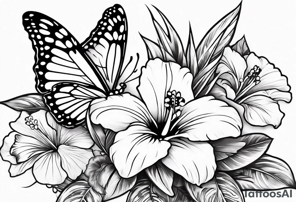 2 hawaiian flowers with a butterfly underneath tattoo idea