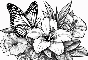 2 hawaiian flowers with a butterfly underneath tattoo idea