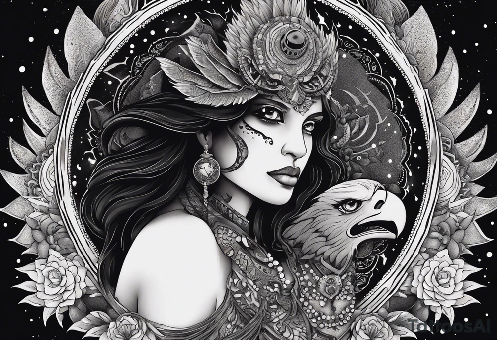 black kali, goddess pirate, alien, angel, pachamama, valkrye, warrior, flying, skull, lotus azul, wing, eagle, zenza resonance, stars, 5D, anahata chakra, death, durga, riding on a tiger, flying lady, kundalini, chest tatoo, samuri, rebel,serpent tattoo idea