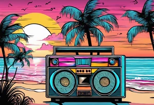 1980'S BOOM BOX MIAMI VICE STYLE, BEACH SUNSET, PALM TREES, MUSIC NOTES tattoo idea