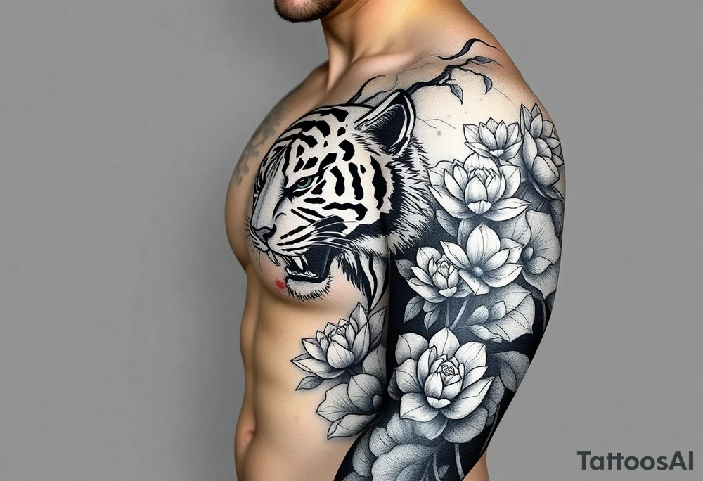 fierce tiger emerging through blooming lotus forrest in mist tattoo idea